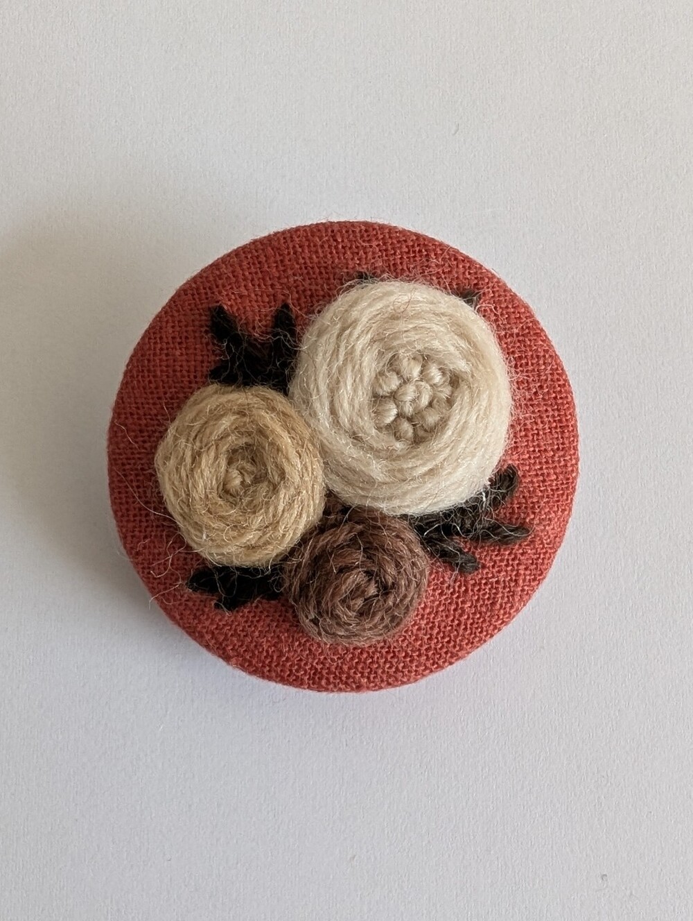 Wool Roses On Orange Hand Embroidered Round Alligator Style Handmade Hair Clip